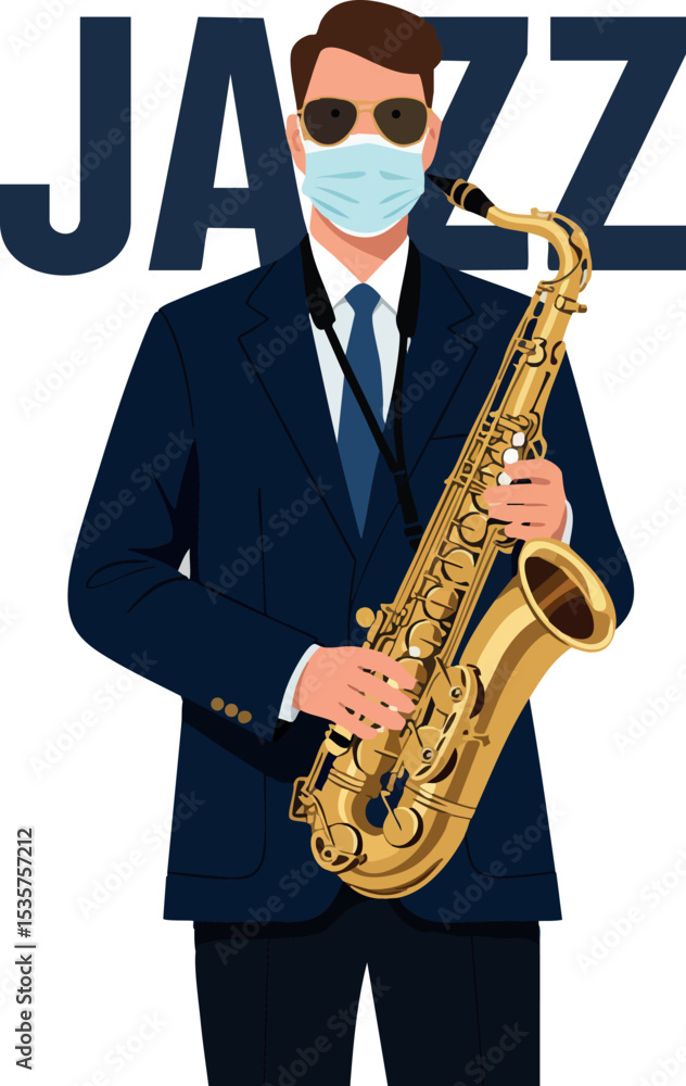 Fototapeta premium Jazz musician playing saxophone wearing face mask and sunglasses vector illustration 