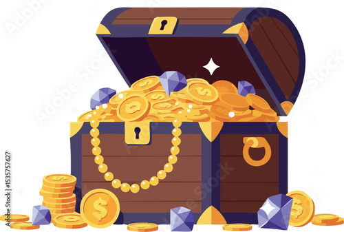 Treasure chest filled with gold coins and purple gemstones vector illustration 