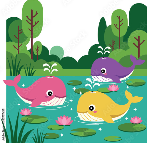 Colorful whales swimming in pond with lily pads and trees vector illustration 