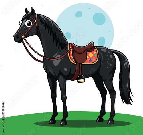 Black horse with colorful saddle standing on grass under full moon vector illustration 