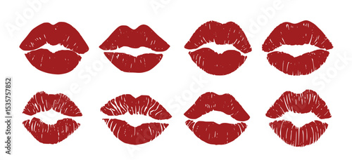 set of red vector lipstick kisses, makeup, woman, girl, love, romance, love letter, graphic, beauty, illustration