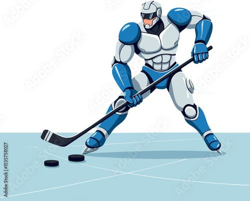 Robot ice hockey player in blue and white gear preparing to hit puck on rink vector illustration 