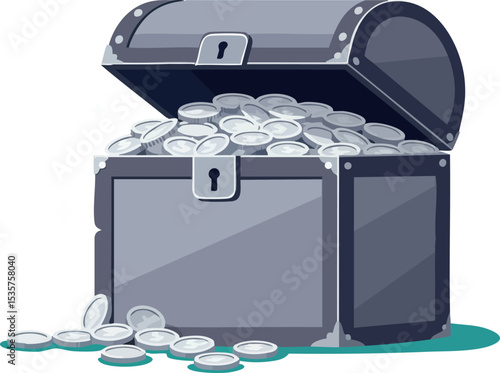 Treasure chest overflowing with silver coins vector illustration in simple style 