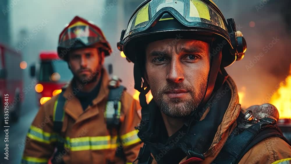 Focused portrait of firefighters in action, intense expressions, wearing protective gear, fire in the background, urban setting, dramatic lighting, orange and black colors are dominant, firefighters Focused portrait of firefighters in action, intense expressions, wearing protective gear, fire in the background, urban setting, dramatic lighting, orange and black colors are dominant, firefighters