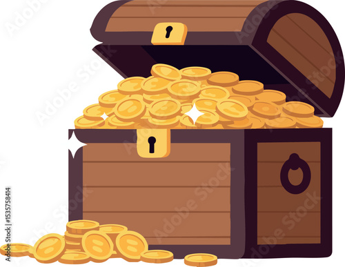 Treasure chest filled with gold coins sparkling bright vector illustration 