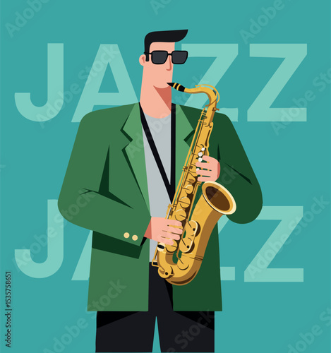 Jazz musician playing saxophone in green jacket with retro style background vector illustration 