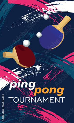 Ping pong tournament poster, flyer table tennis competition, rackets and ball flat style. Sports school, sports club small tennis, hobby, racket sports