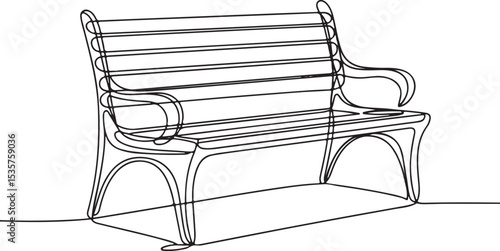 Park bench continuous single line drawing in minimalist style with curved legs and horizontal slats

