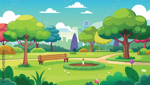 Cartoon Park Landscape with Bench, Fountain, Trees, Bushes, Flowers, and Distant Buildings