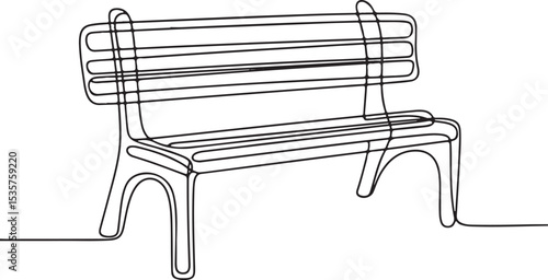Park bench continuous single line drawing in minimalist style with curved legs and horizontal slats

