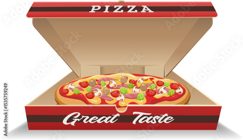 Pizza in open cardboard box