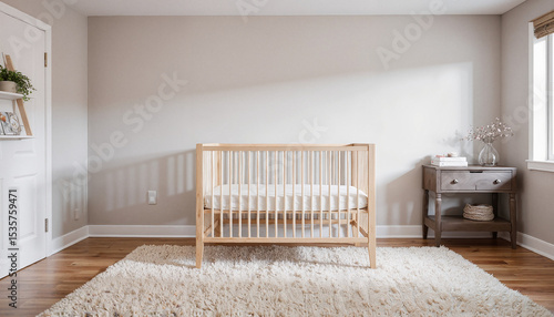 Minimalist nursery with wooden crib and soft rug in natural light  
