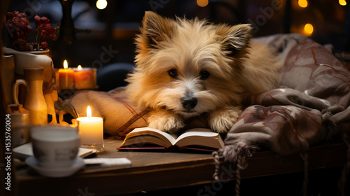 yorkshire terrier sitting in front of christmas tree