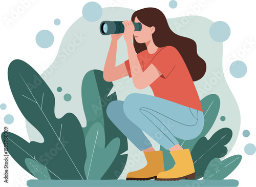 Woman with binoculars observing nature in casual outfit outdoors vector illustration 