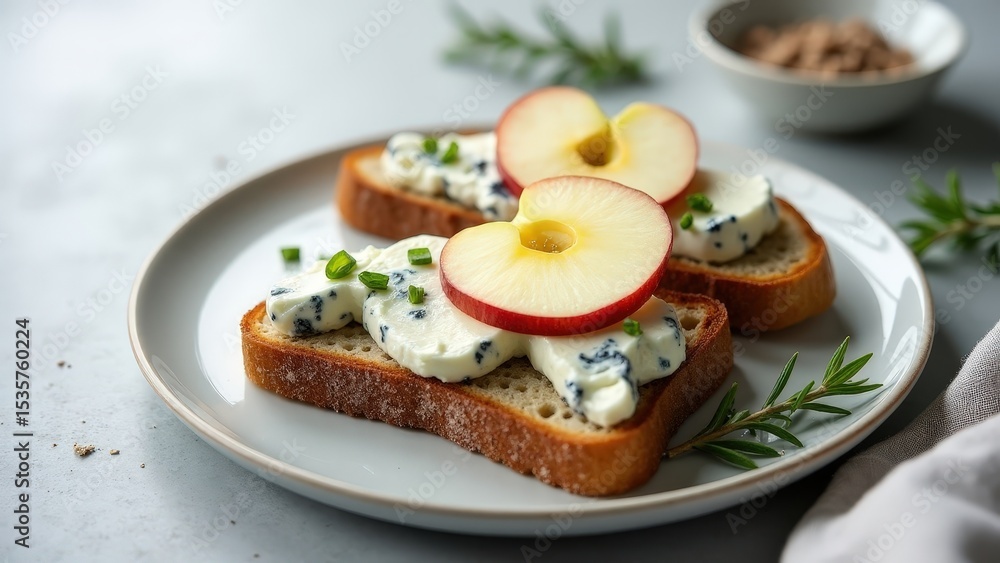 Bread toast with blue cheese and apple slices, seed crackers on side, fresh rosemary sprigs. A light appetizer for gourmets and stylish serving. Bread toast with blue cheese and apple slices, seed crackers on side, fresh rosemary sprigs. A light appetizer for gourmets and stylish serving.