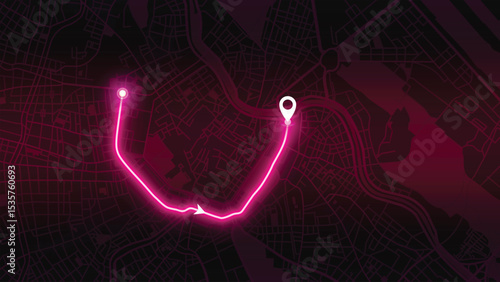 Pink GPS Route on Vienna map at Night — Navigation and Location Concept