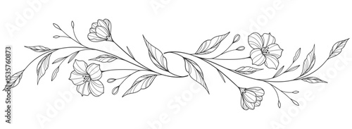 flower and leaves drawing. Vector hand drawn engraved floral card. Botanical, branch and flower Black ink sketch. Great for tattoo, invitations, greeting cards, decor