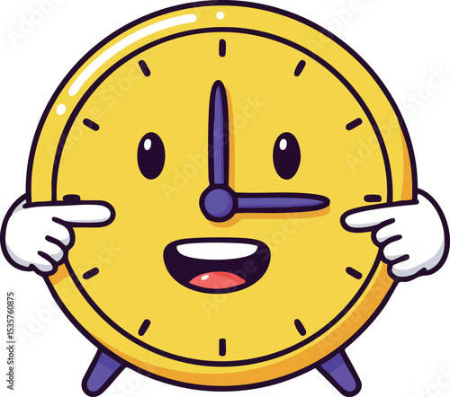 Happy yellow clock cartoon character pointing at time illustration vector 