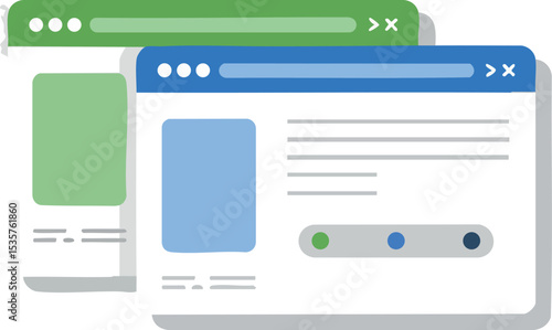 Two simple web browser windows with blue and green headers vector illustration for user interface design 