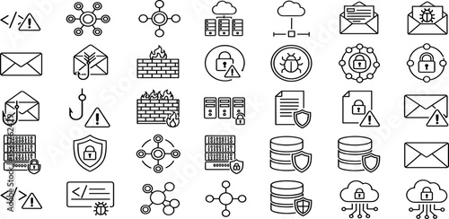 Cybersecurity Vector Icon Set data protection, malware, phishing, email threat, firewall, secure server, hacking alert, cloud security, virus warning, encryption, software bug, password lock