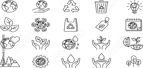Earth & Ecology Vector Icon Set Adjustable Line Weight Recycle, planet, tree, nature, leaf, green, globe, care, eco, sustainability, trash, water, energy icons.