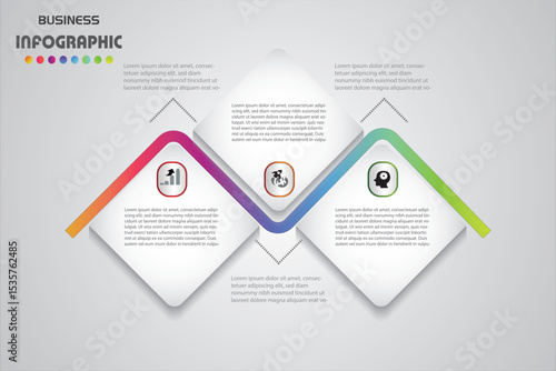Minimal business infographic with three square steps and colorful arrow accents, perfect for data visualization, strategy planning, or corporate presentations.