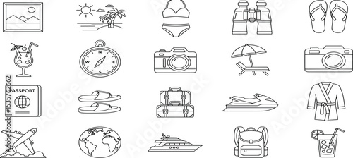 Holiday Vector Icon Set Adjustable Line Weight Travel, beach, suitcase, camera, plane, cruise, passport, cocktail, compass, resort, flip-flops, sun, vacation icons