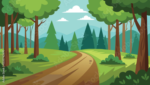Cartoon Forest Landscape with Dirt Path, Green Trees, Shrubs, Clouds, and Blue Sky