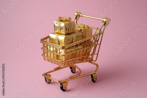 Gold toy shopping cart filled with gold wrapped gifts against a solid pink background