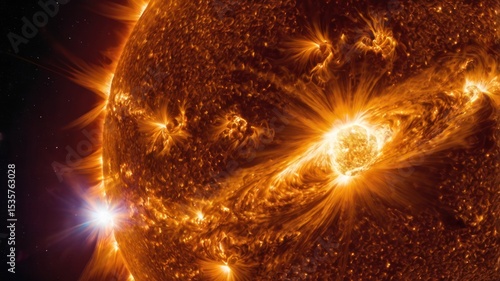 Wallpaper Mural A closeup shows the sun with orange solar flares prominences and spots against a dark starry space backdrop Torontodigital.ca