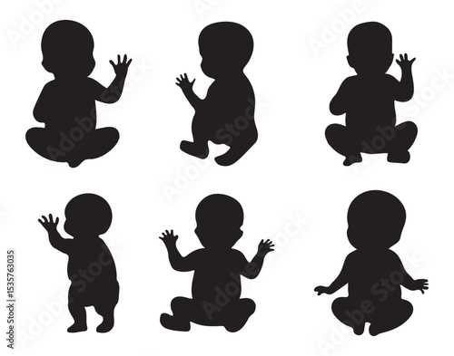 Set of baby and toddler silhouette isolated on white background. Sitting, crawling and standing. Vector illustration
