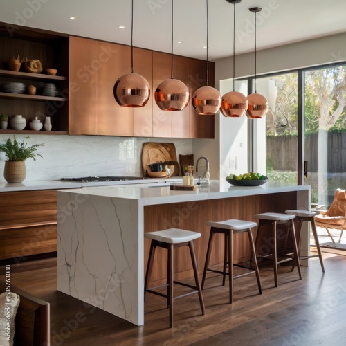 A kitchen features a marble island with stools copper light fixtures and wood cabinets creating a warm modern aesthetic
