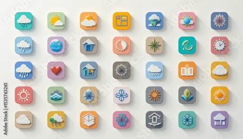 Array of 30 colorful 3D app icon designs with soft shadows on a white background
