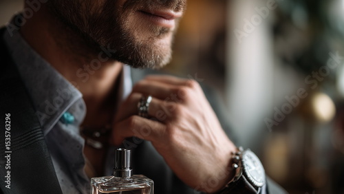 Closeup of a man in a suit adjusting his collar while applying cologne on his wrist in a dressing room, leather watch and cufflinks visible, classy and luxurious feel.