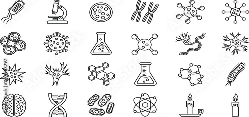 Science and Biology Vector Icon Set – Bacteria, Virus, DNA, Molecules, Microscope, Test Tube, Neuron, Cells, Flask, Beaker, Germs, Atom, Ameba, Laboratory And Other Icons.