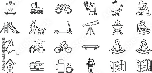 Park Activities Vector Icon Set Adjustable Line Weight Skateboard, biking, picnic, yoga, hiking, camera, map, kite, scooter, rollerblade, barbecue, dog, play icon