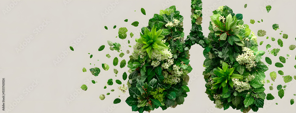 Fototapeta premium Human lungs are made with fresh green plant leaves on white background. Minimal coronavirus or pneumonia concept. Green, world health or environment day and ecology concept.banner, Generative AI
