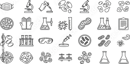 Laboratory Vector Icon Set Adjustable Line Weight Microscope, mask, bacteria, test tube, syringe, gloves, petri dish, experiment, health, biology, germs, research icons.