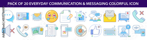 Pack of twenty everyday communication and messaging colorful icon set illustration vector