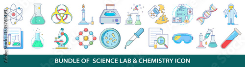 A colorful set of science lab and chemistry icons representing experiments