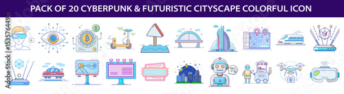 Pack of twenty cyberpunk and futuristic cityscape colorful icons representing modern technologies