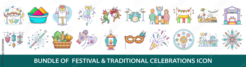 Colorful Icon Set Featuring Twenty Unique Festival and Traditional Celebration Designs Colorful Icon Set Featuring Twenty Unique Festival and Traditional Celebration Designs