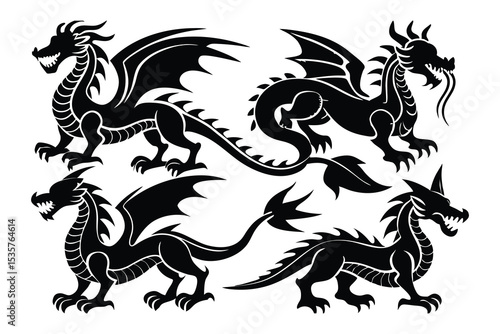 Six Black Dragons Vector Illustration Traditional Style
