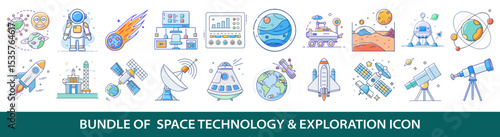 A diverse collection of 20 space exploration and technology themed vector icons