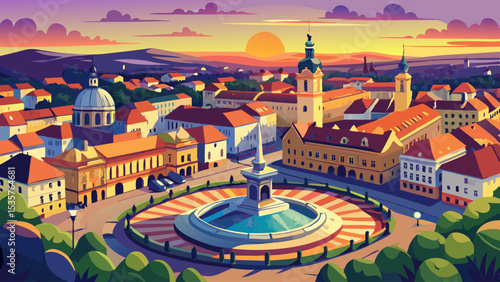 Zagreb Croatia at Sunset. View from above of Ban Jelacic Square