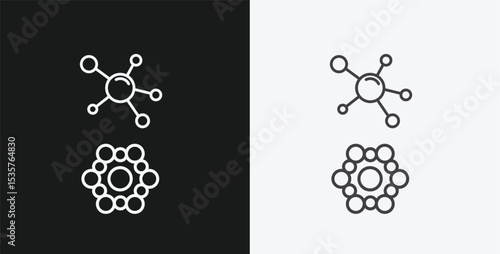 Nanoparticle and Molecular Cluster on Black and White Backgrounds, Representing Science or Technology, White Outline Icons