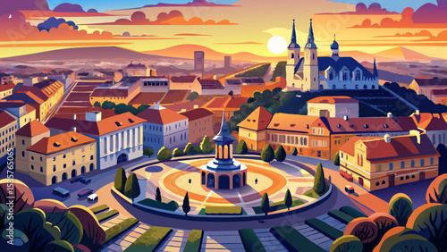 Zagreb Croatia at Sunset. View from above of Ban Jelacic Square