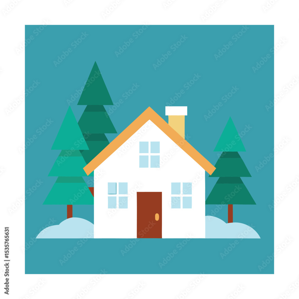 Naklejka premium Winter House with Snow and Simple Tree Design