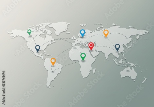 World map with colorful location pins and dotted connection lines