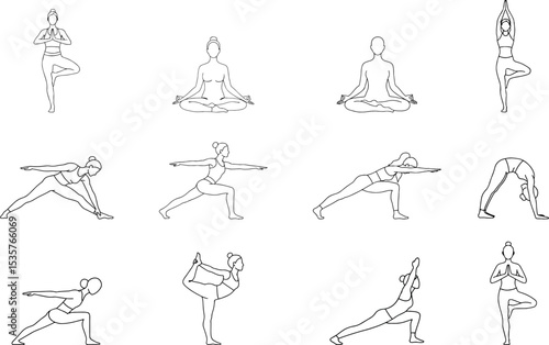 yoga poses art illustration vector outline isolated meditation male female fitness for beginner